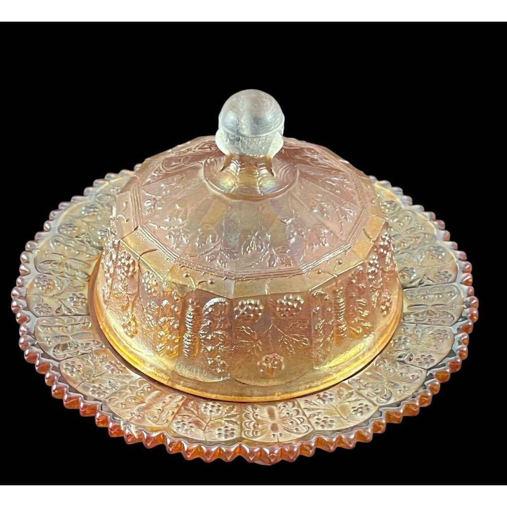 Fenton 1920s Marigold Butterfly & Berry Carnival Glass Three-Footed Covered Butt